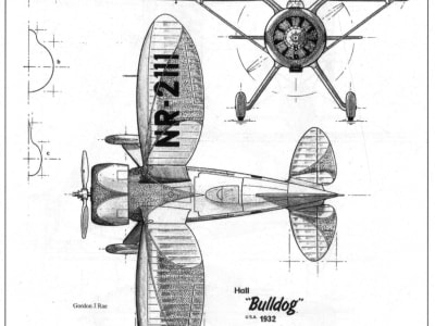 Hall Bulldog 3-view drawing by Gordon J. Rae, 2006